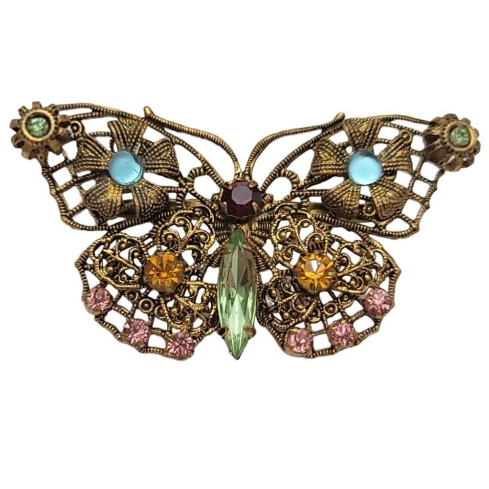 Signed Made In Czechoslovakia Gold Tone Rhinestone Butterfly Brooch Pin M833